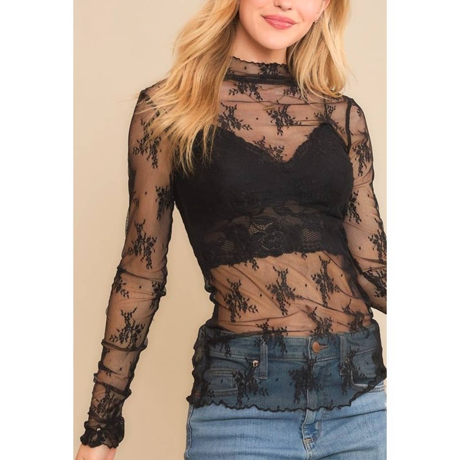 9602-1 MESH LACE HIGH NECK LONG SLEEVE FITTED TOP