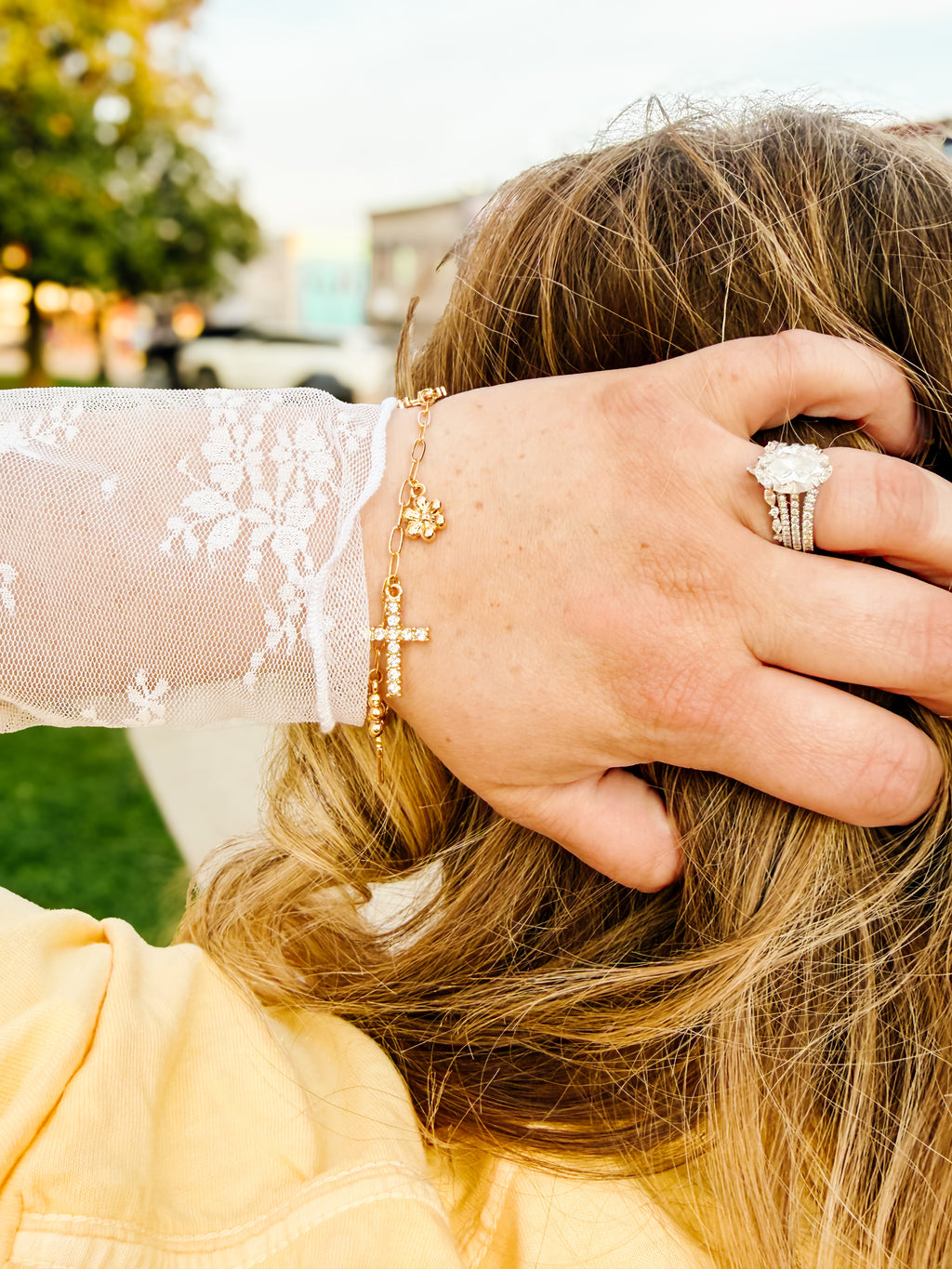 Gold and Silver Charm Bracelet with Different Style Cross and Floral Pendants – Fashion Jewelry