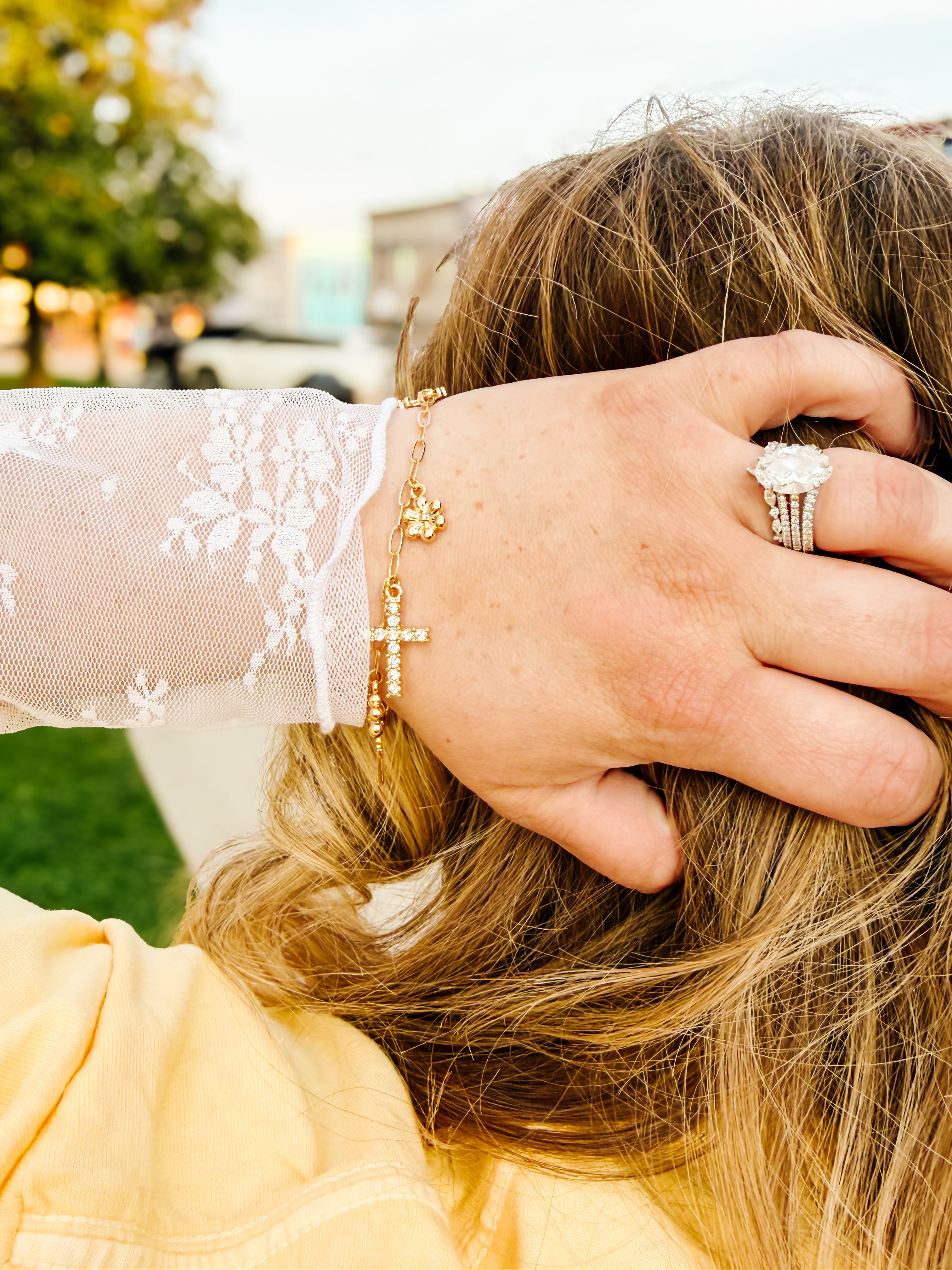 Gold and Silver Charm Bracelet with Different Style Cross and Floral Pendants – Fashion Jewelry
