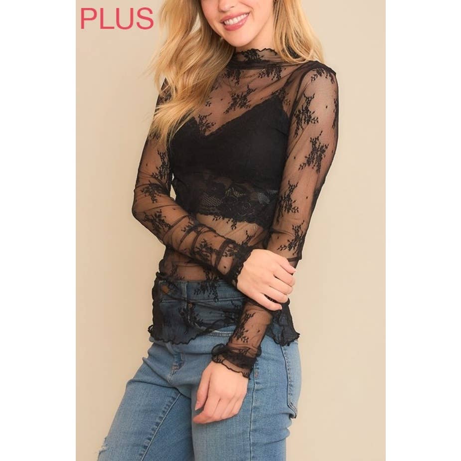 9602X PLUS SIZE MESH LACE HIGH NECK LONG SLEEVE FITTED TOP