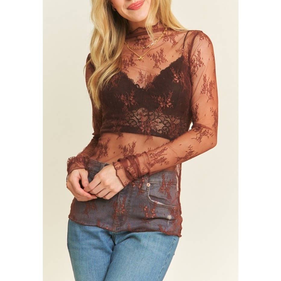 9602-1 MESH LACE HIGH NECK LONG SLEEVE FITTED TOP