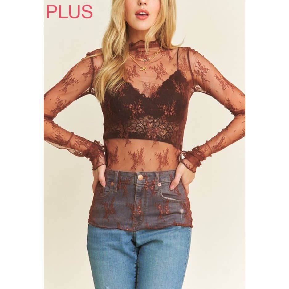 9602X PLUS SIZE MESH LACE HIGH NECK LONG SLEEVE FITTED TOP