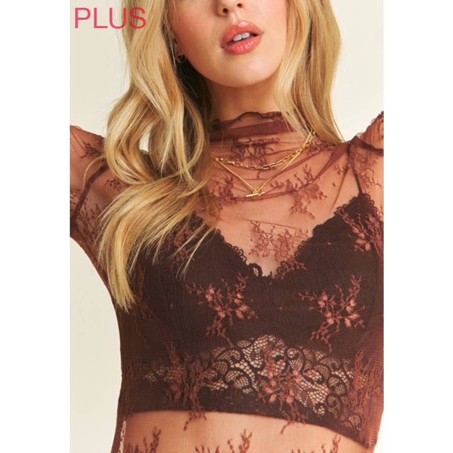 9602X PLUS SIZE MESH LACE HIGH NECK LONG SLEEVE FITTED TOP