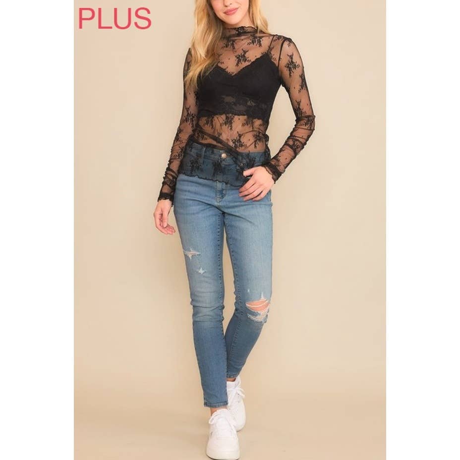 9602X PLUS SIZE MESH LACE HIGH NECK LONG SLEEVE FITTED TOP