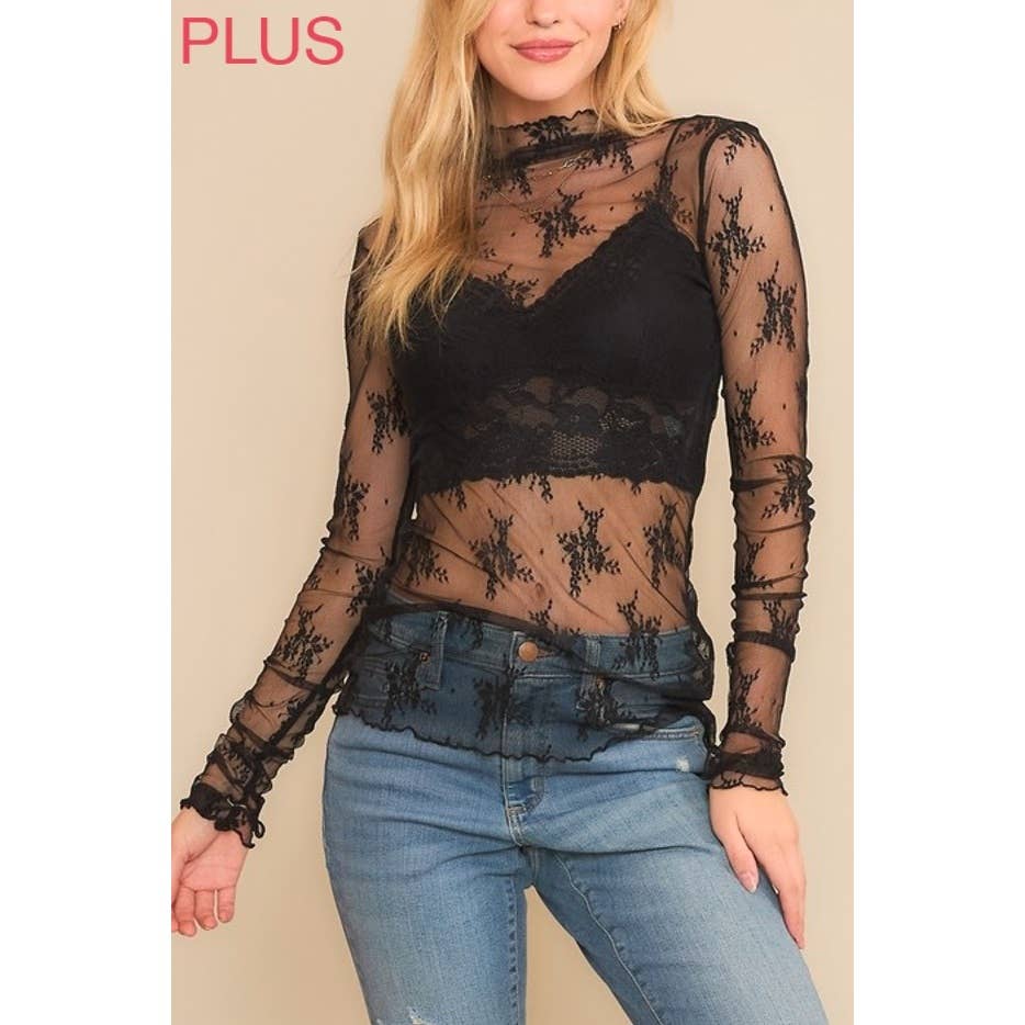 9602X PLUS SIZE MESH LACE HIGH NECK LONG SLEEVE FITTED TOP