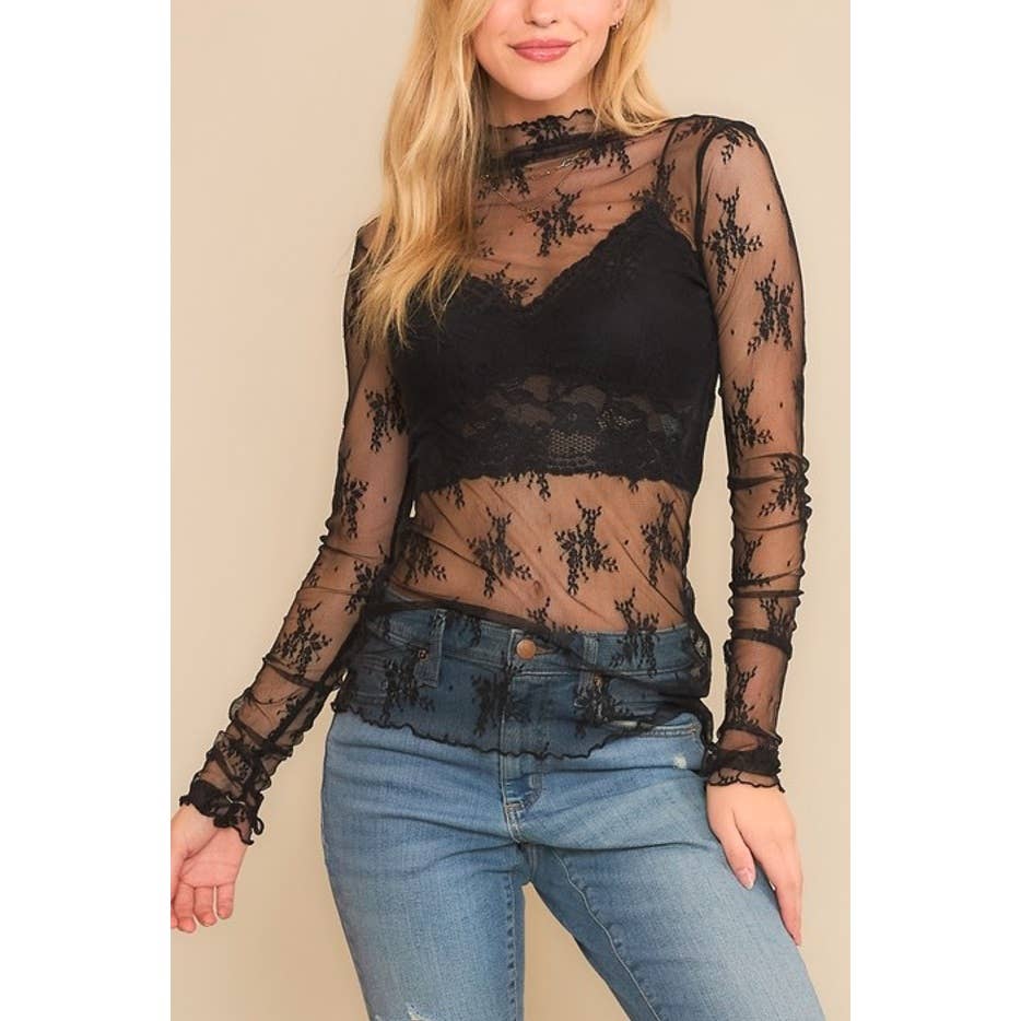 9602-1 MESH LACE HIGH NECK LONG SLEEVE FITTED TOP