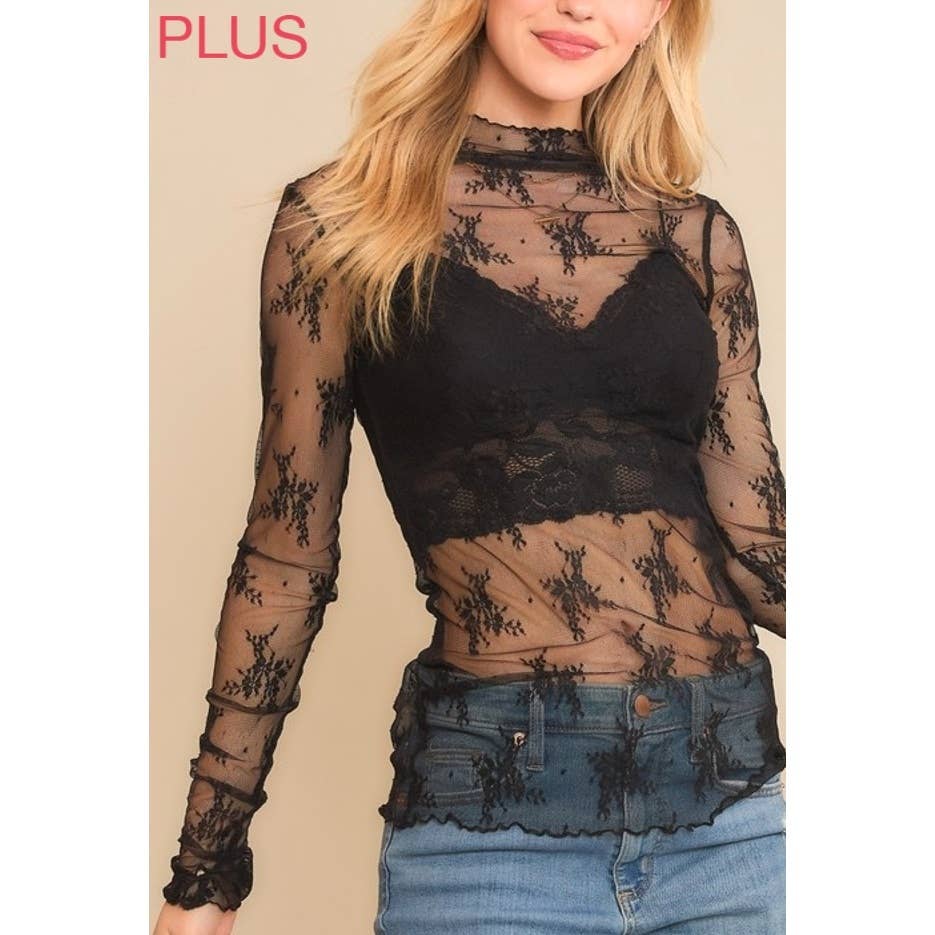 9602X PLUS SIZE MESH LACE HIGH NECK LONG SLEEVE FITTED TOP
