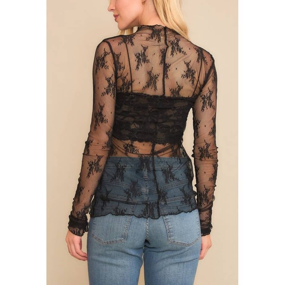 9602-1 MESH LACE HIGH NECK LONG SLEEVE FITTED TOP