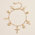 Gold and Silver Charm Bracelet with Different Style Cross and Floral Pendants – Fashion Jewelry