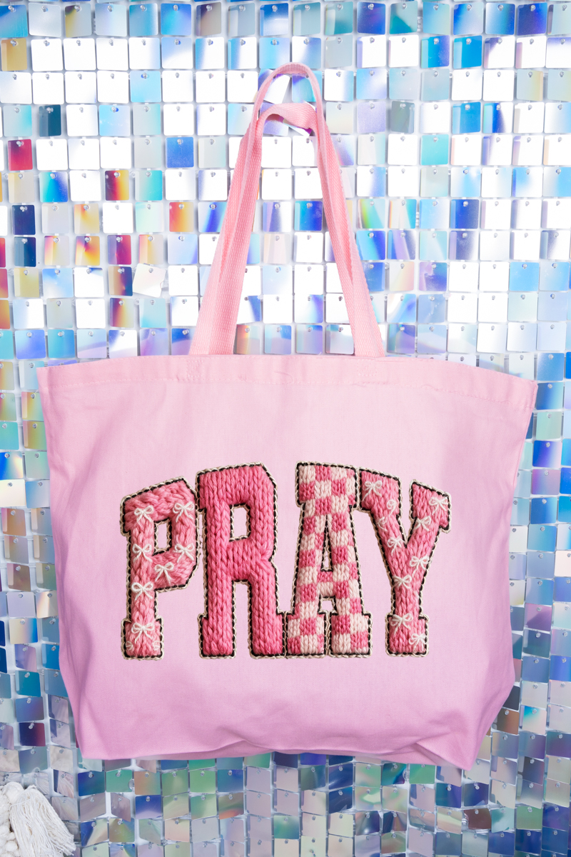 Pink Faux Yarn Coquette Pray Canvas Jumbo Tote
