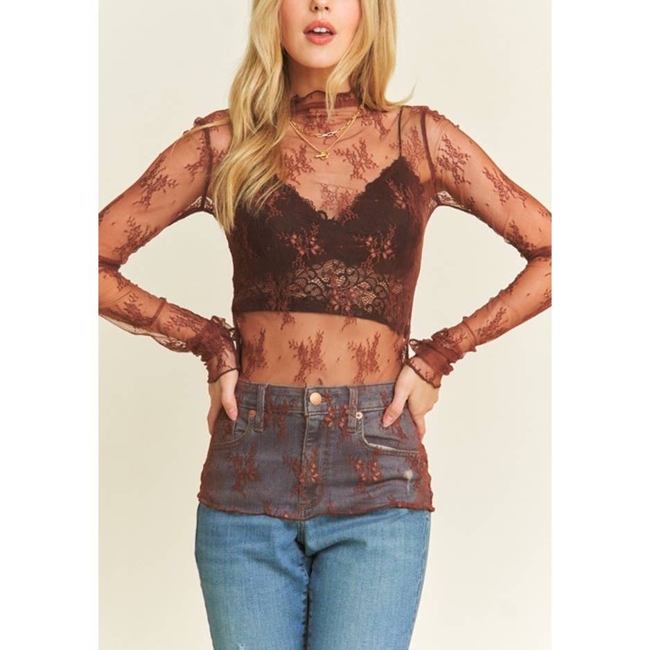 9602-1 MESH LACE HIGH NECK LONG SLEEVE FITTED TOP