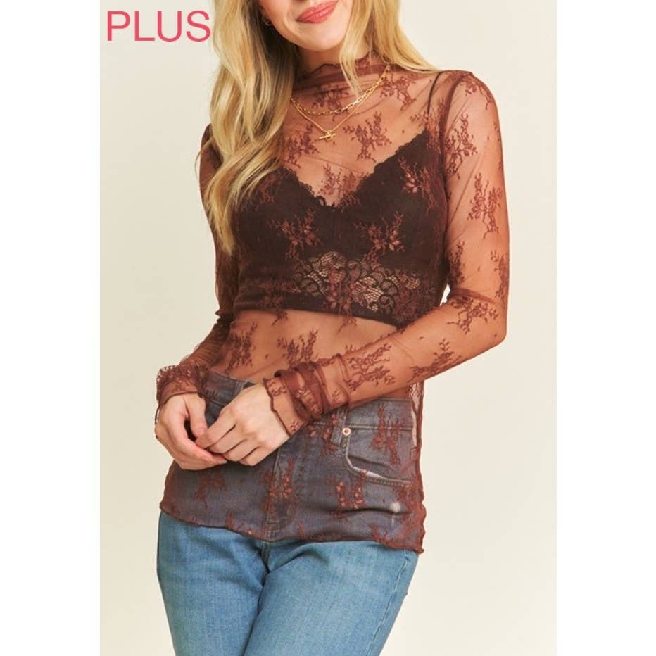 9602X PLUS SIZE MESH LACE HIGH NECK LONG SLEEVE FITTED TOP